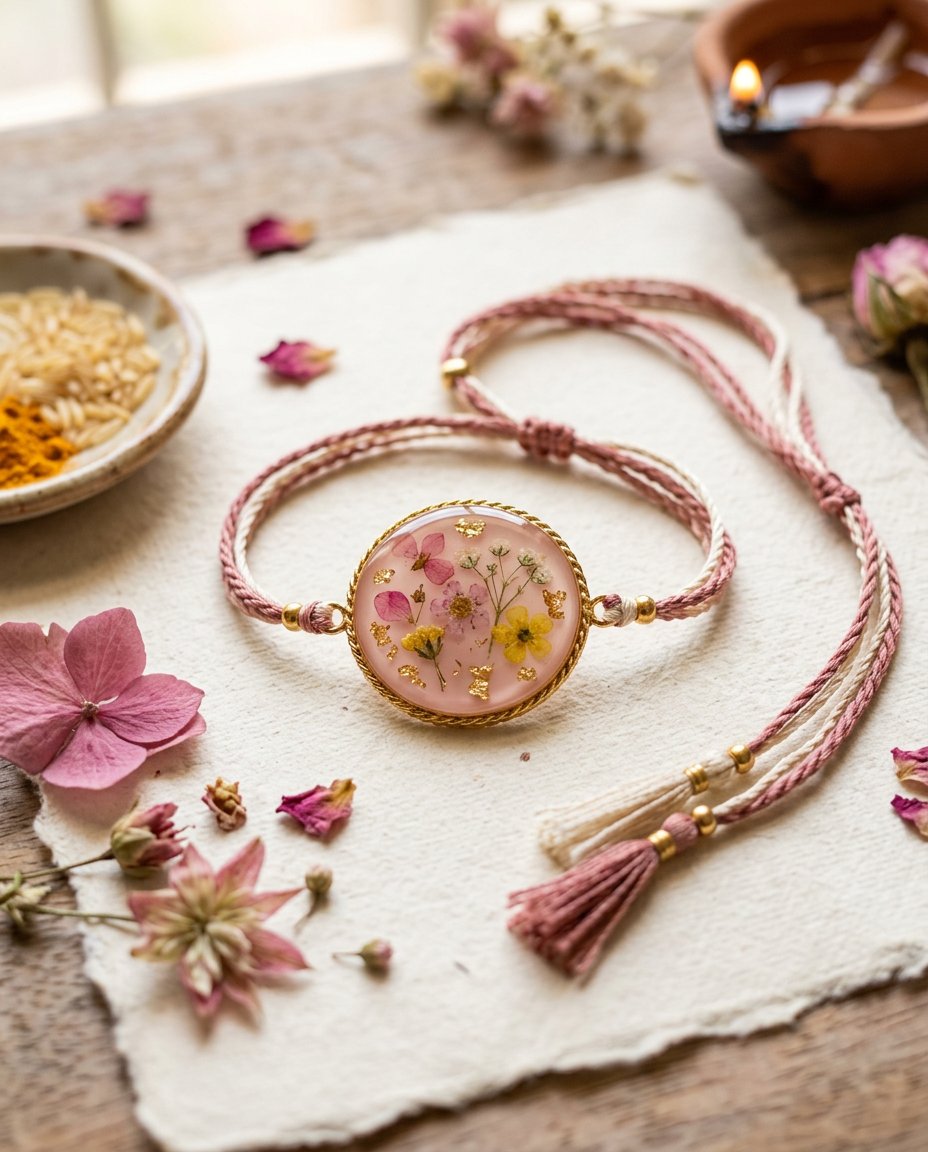 Handcrafted pressed-flower resin rakhi